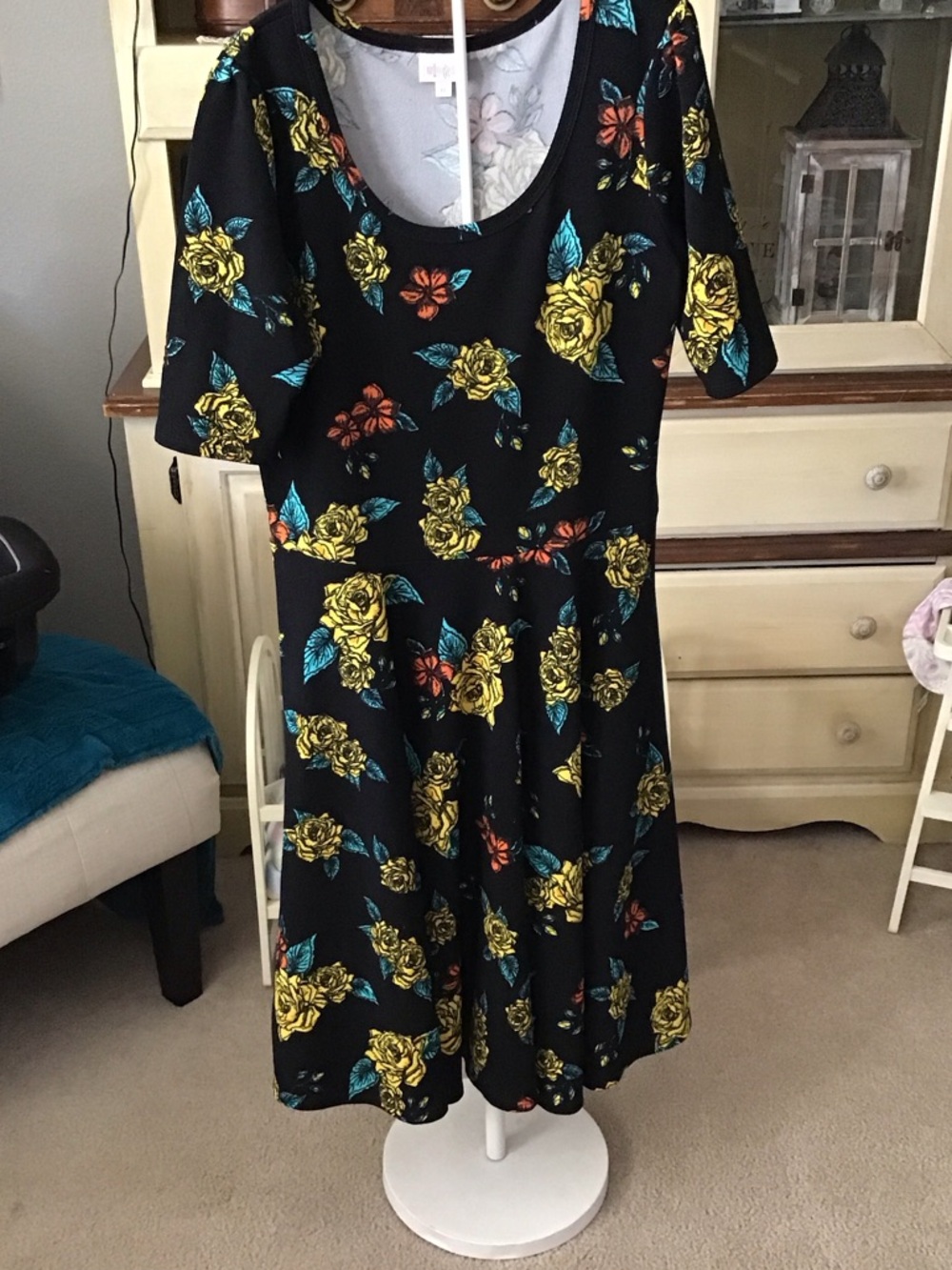 LuLaRoe Black Midi Dress with Yellow Roses and Teal Leaves